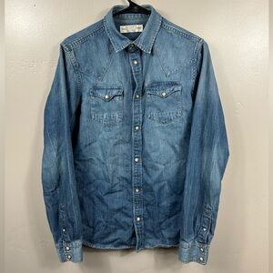 All Saints Men’s Denim Look Pearl Snap Button Up Long Sleeve Shirt Blue - XS